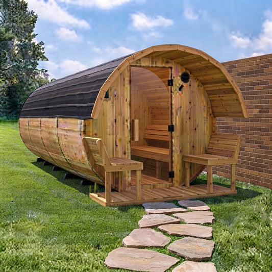 Frontier 4-Person Barrel Sauna with canopy porch